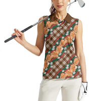 Polynesian Monstera Tiare Floral Women Sleeveless Polo Shirt Chocolate Brown Tropical Plaid - Polynesian Pride