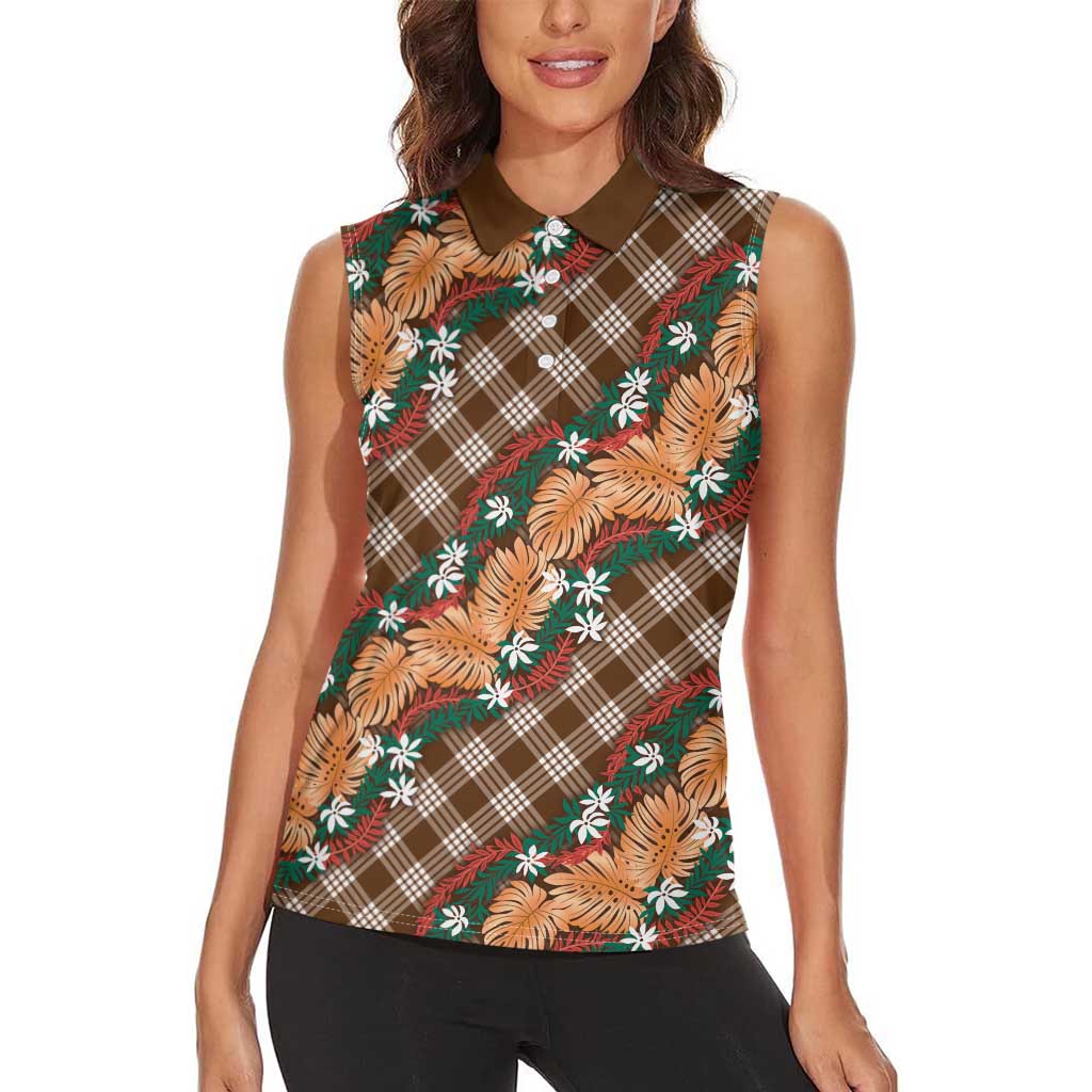 Polynesian Monstera Tiare Floral Women Sleeveless Polo Shirt Chocolate Brown Tropical Plaid - Polynesian Pride