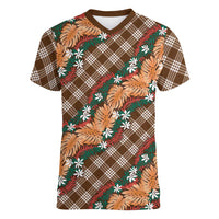 Polynesian Monstera Tiare Floral Women V-Neck T-Shirt Chocolate Brown Tropical Plaid - Polynesian Pride