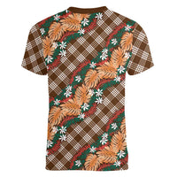 Polynesian Monstera Tiare Floral Women V-Neck T-Shirt Chocolate Brown Tropical Plaid - Polynesian Pride