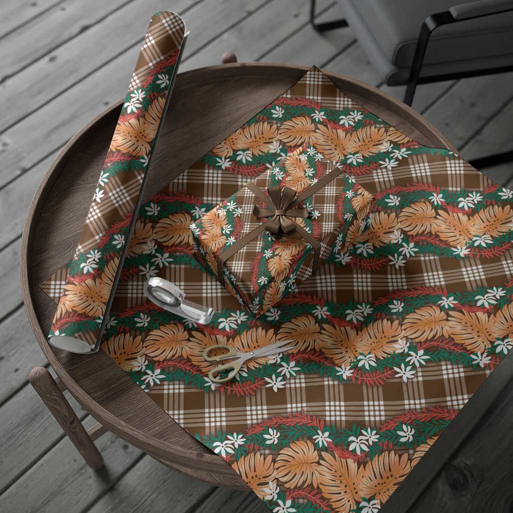 Polynesian Monstera Tiare Floral Wrapping Paper Chocolate Brown Tropical Plaid - Polynesian Pride