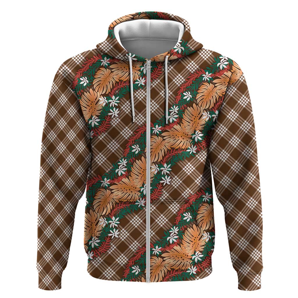 Polynesian Monstera Tiare Floral Zip Hoodie Chocolate Brown Tropical Plaid - Polynesian Pride