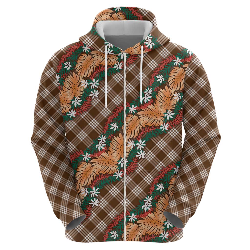 Polynesian Monstera Tiare Floral Zip Hoodie Chocolate Brown Tropical Plaid - Polynesian Pride