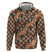Polynesian Monstera Tiare Floral Zip Hoodie Chocolate Brown Tropical Plaid - Polynesian Pride