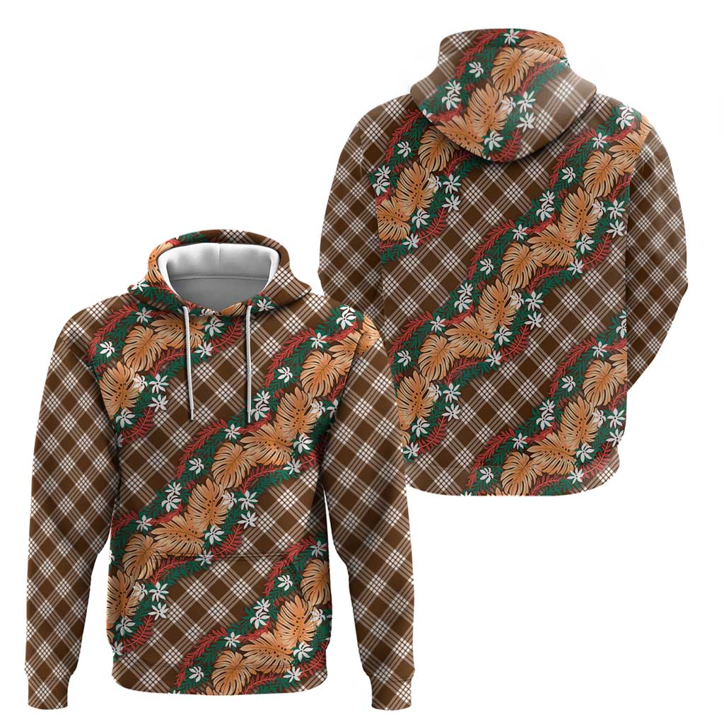 Polynesian Monstera Tiare Floral Zip Hoodie Chocolate Brown Tropical Plaid - Polynesian Pride