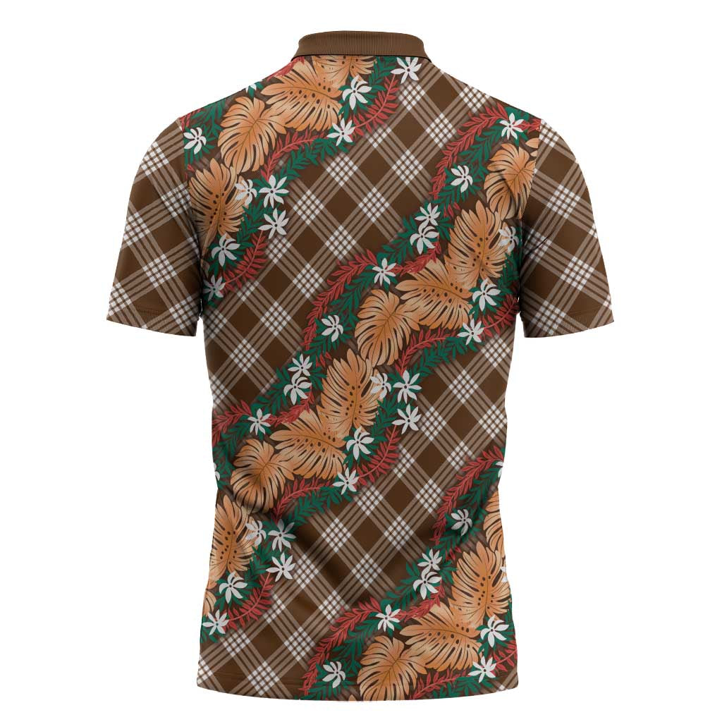 Polynesian Monstera Tiare Floral Zipper Polo Shirt Chocolate Brown Tropical Plaid - Polynesian Pride