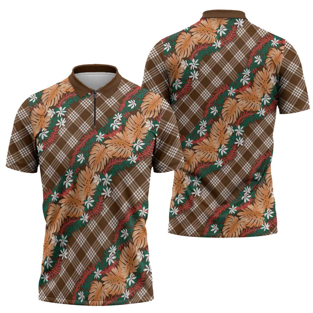 Polynesian Monstera Tiare Floral Zipper Polo Shirt Chocolate Brown Tropical Plaid - Polynesian Pride