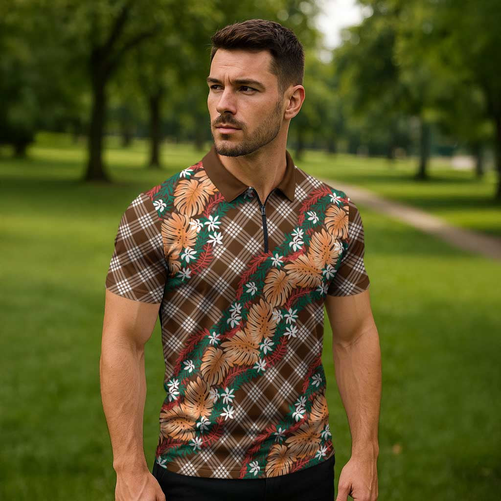Polynesian Monstera Tiare Floral Zipper Polo Shirt Chocolate Brown Tropical Plaid - Polynesian Pride