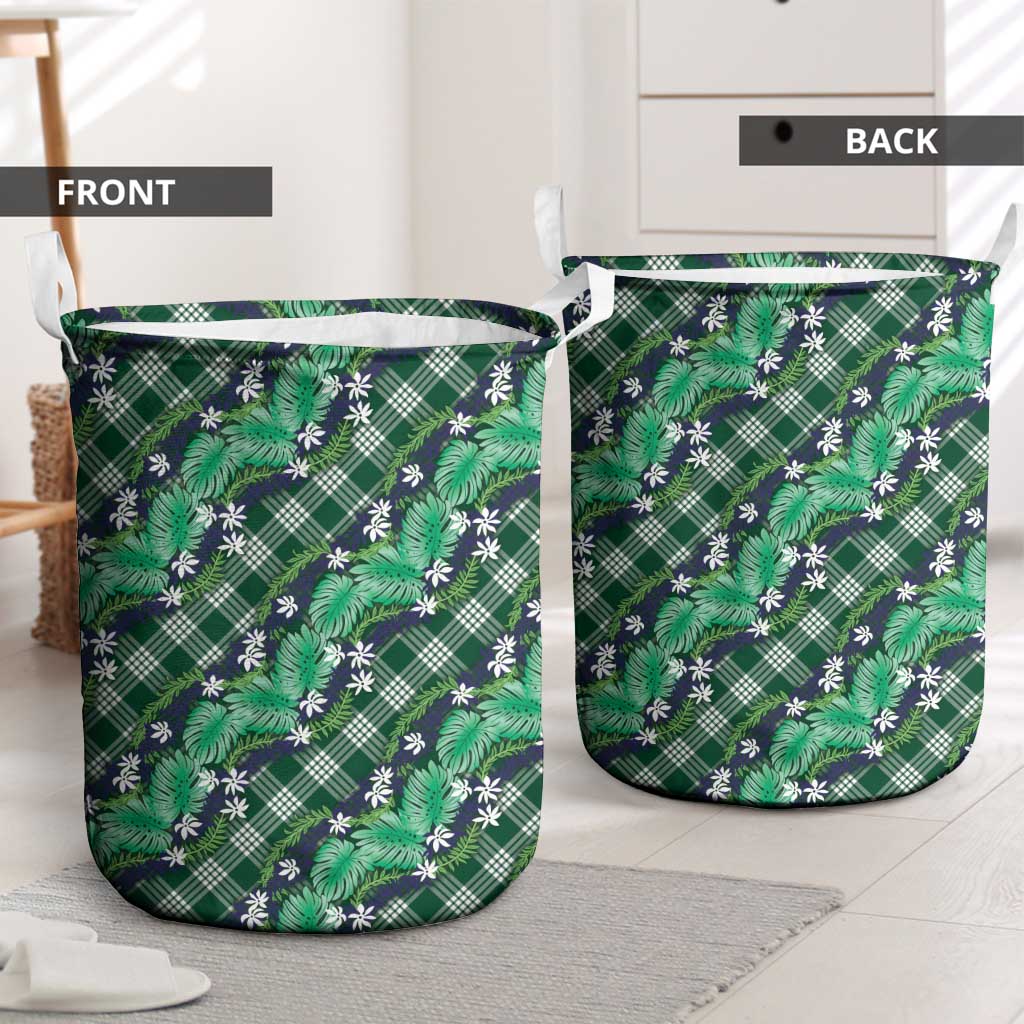 Polynesian Monstera Tiare Floral Laundry Basket Forest Green Tropical Plaid - Polynesian Pride