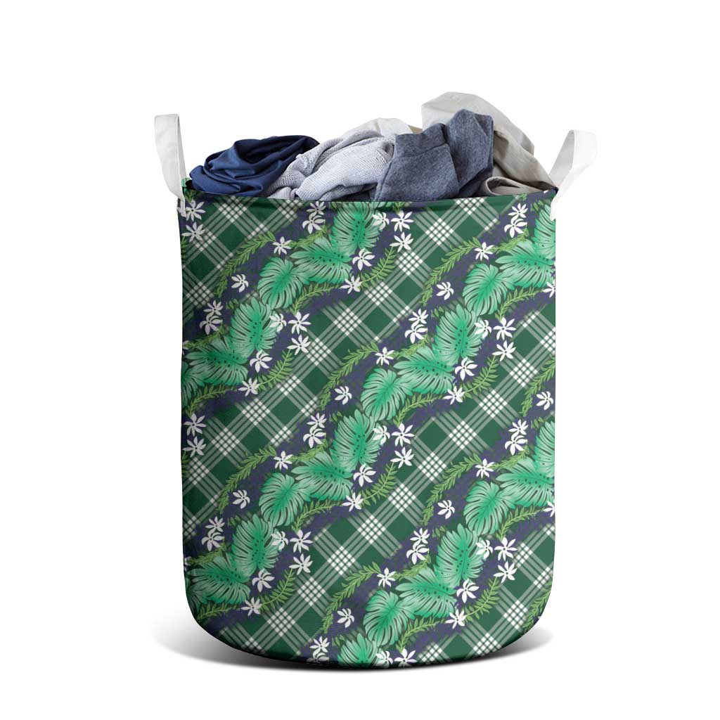 Polynesian Monstera Tiare Floral Laundry Basket Forest Green Tropical Plaid - Polynesian Pride