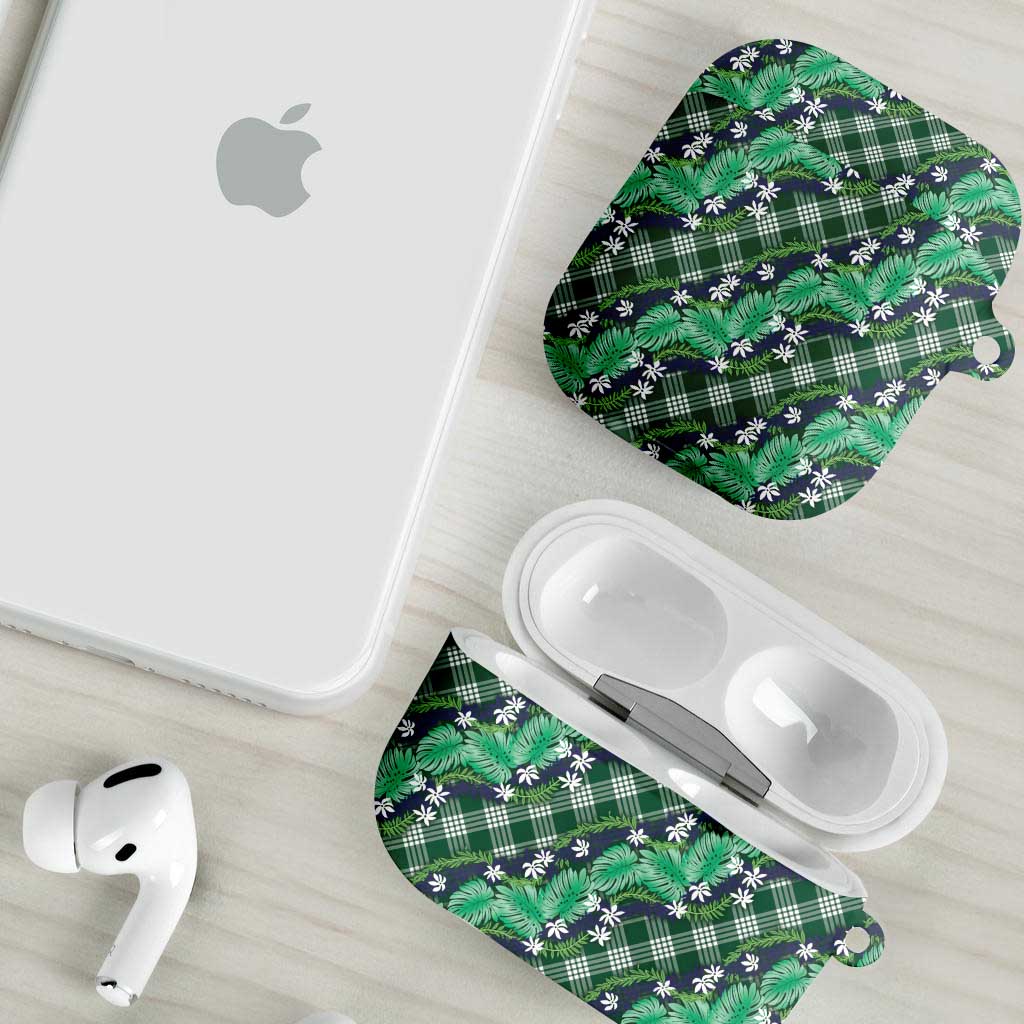 Polynesian Monstera Tiare Floral AirPods Case Forest Green Tropical Plaid - Polynesian Pride
