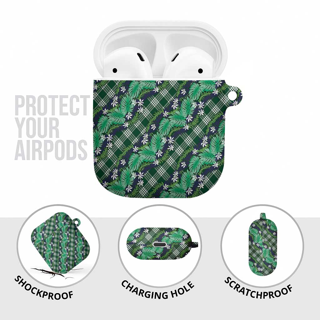Polynesian Monstera Tiare Floral AirPods Case Forest Green Tropical Plaid - Polynesian Pride