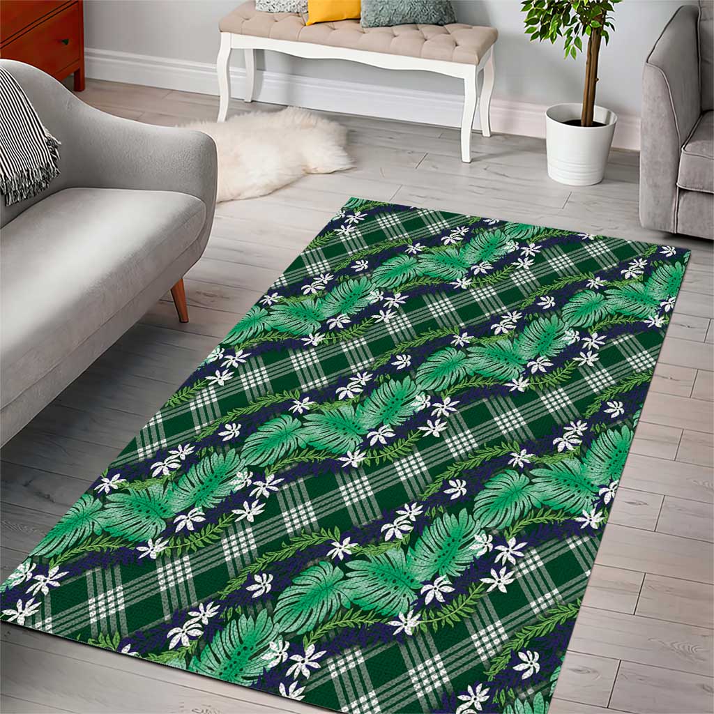 Polynesian Monstera Tiare Floral Area Rug Forest Green Tropical Plaid - Polynesian Pride