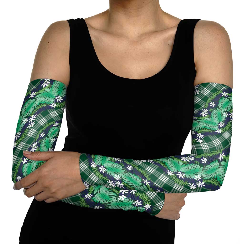 Polynesian Monstera Tiare Floral Arm Sleeves Forest Green Tropical Plaid - Polynesian Pride