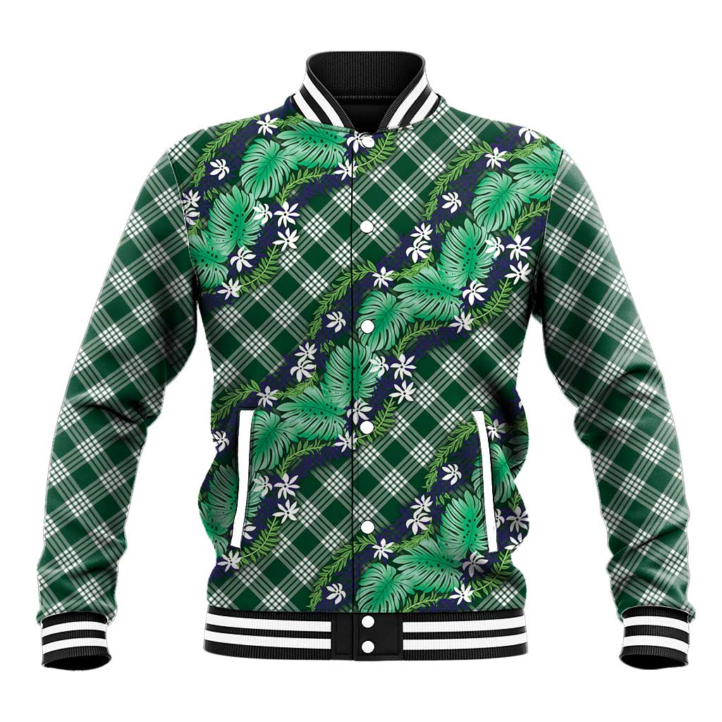 Polynesian Monstera Tiare Floral Baseball Jacket Forest Green Tropical Plaid - Polynesian Pride