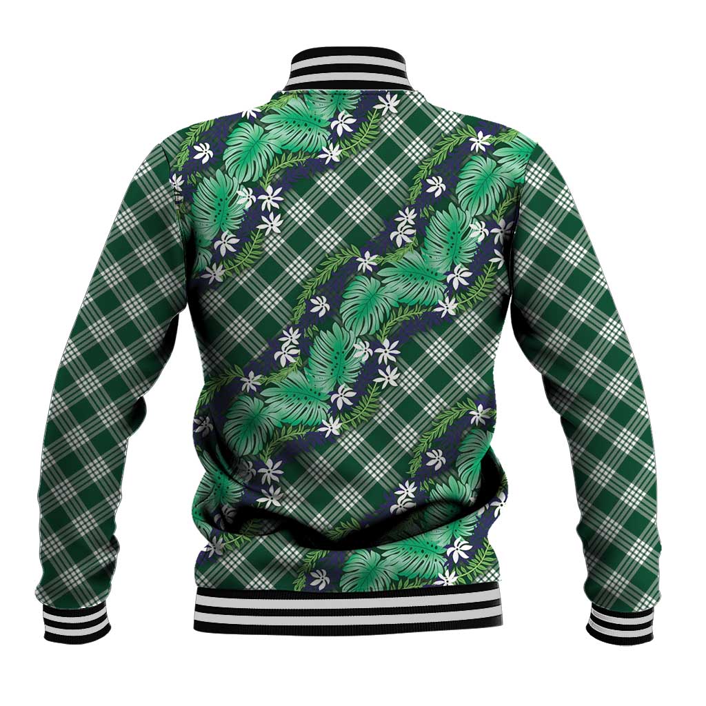 Polynesian Monstera Tiare Floral Baseball Jacket Forest Green Tropical Plaid - Polynesian Pride