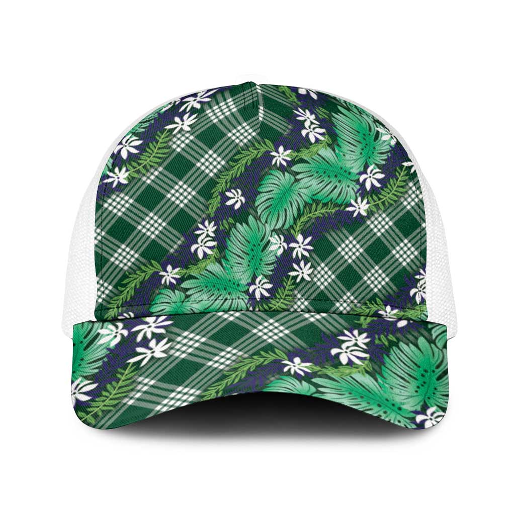 Polynesian Monstera Tiare Floral Baseball Net Cap Forest Green Tropical Plaid - Polynesian Pride