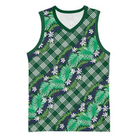 Polynesian Monstera Tiare Floral Basketball Jersey Forest Green Tropical Plaid - Polynesian Pride
