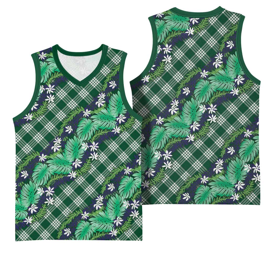 Polynesian Monstera Tiare Floral Basketball Jersey Forest Green Tropical Plaid - Polynesian Pride