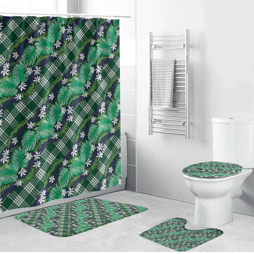 Polynesian Monstera Tiare Floral Bathroom Set Forest Green Tropical Plaid - Polynesian Pride