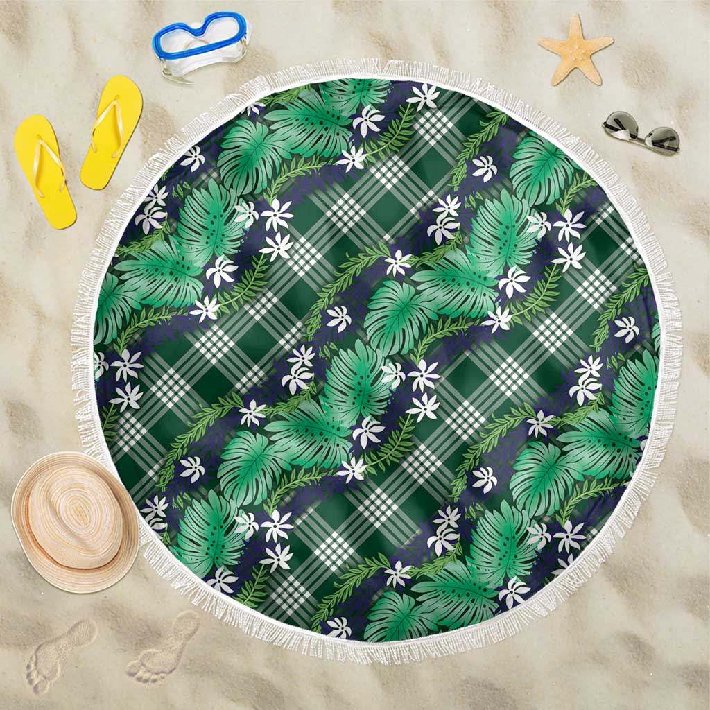 Polynesian Monstera Tiare Floral Beach Blanket Forest Green Tropical Plaid - Polynesian Pride
