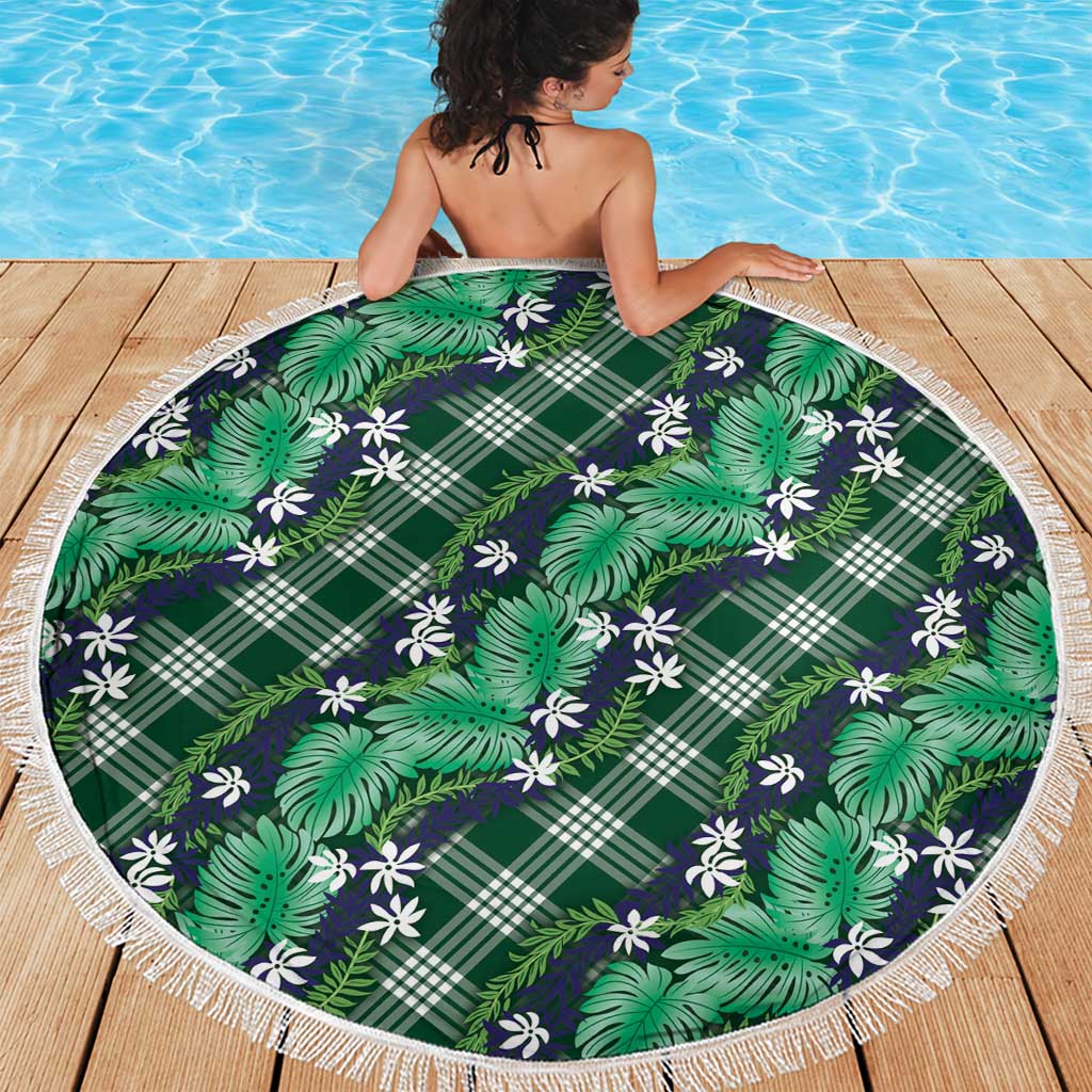 Polynesian Monstera Tiare Floral Beach Blanket Forest Green Tropical Plaid - Polynesian Pride
