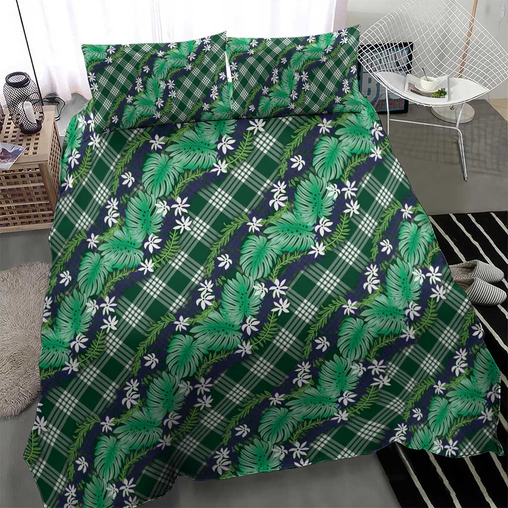 Polynesian Monstera Tiare Floral Bedding Set Forest Green Tropical Plaid - Polynesian Pride