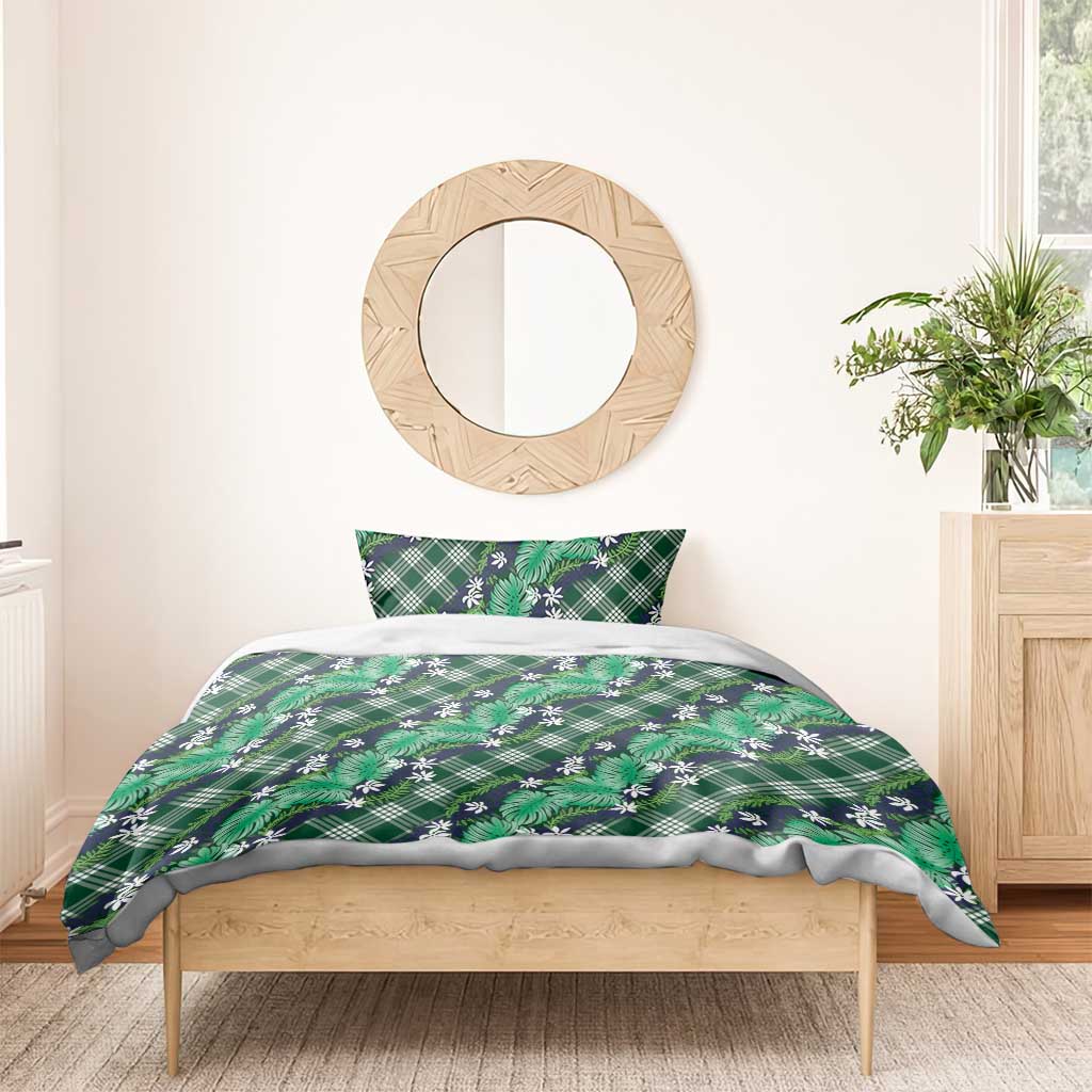 Polynesian Monstera Tiare Floral Bedding Set Forest Green Tropical Plaid - Polynesian Pride