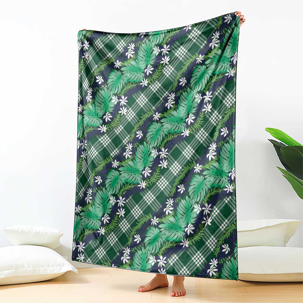 Polynesian Monstera Tiare Floral Blanket Forest Green Tropical Plaid - Polynesian Pride