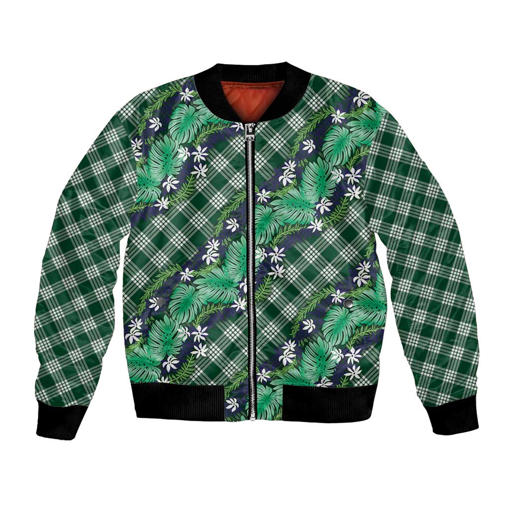 Polynesian Monstera Tiare Floral Bomber Jacket Forest Green Tropical Plaid LT01 Unisex Green - Polynesian Pride