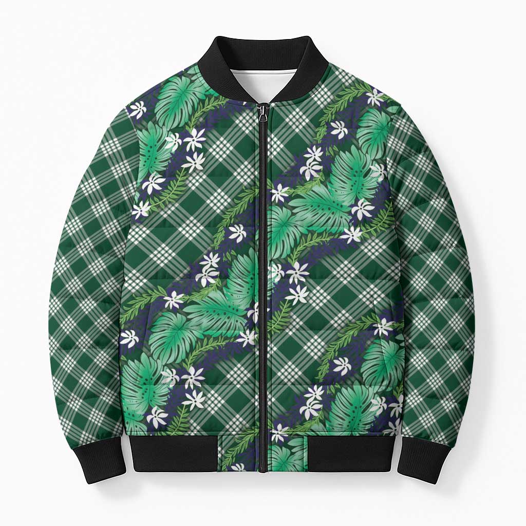 Polynesian Monstera Tiare Floral Bomber Puffer Jacket Forest Green Tropical Plaid LT01 Unisex Green - Polynesian Pride