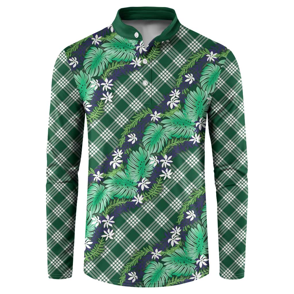 Polynesian Monstera Tiare Floral Button Sweatshirt Forest Green Tropical Plaid - Polynesian Pride