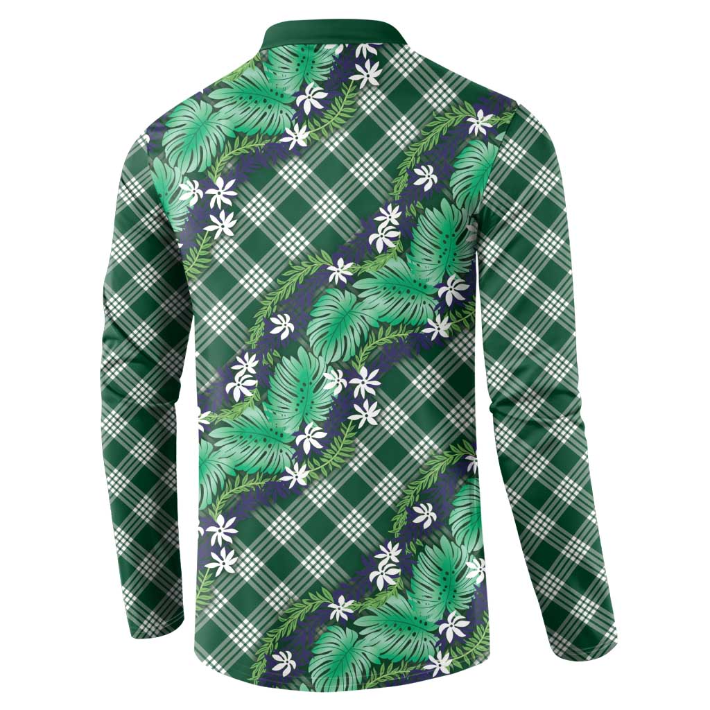Polynesian Monstera Tiare Floral Button Sweatshirt Forest Green Tropical Plaid - Polynesian Pride