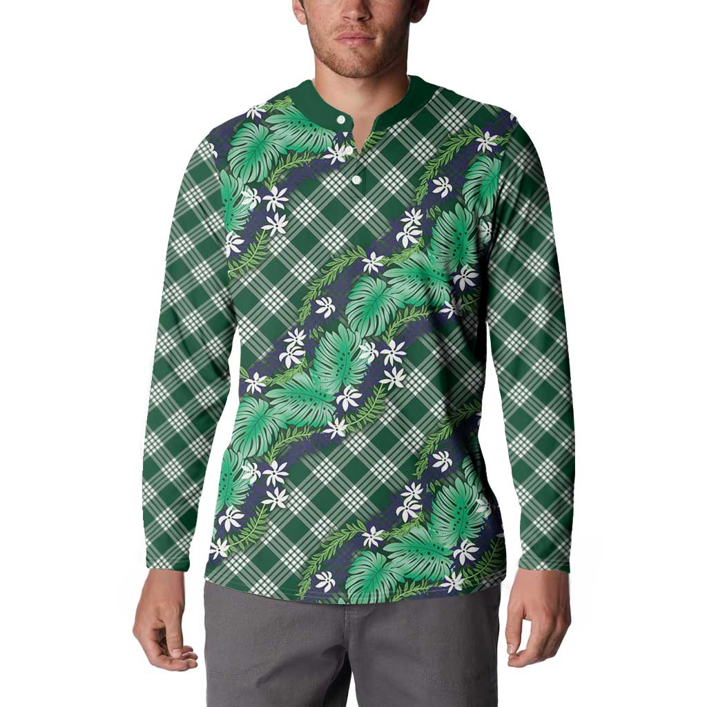 Polynesian Monstera Tiare Floral Button Sweatshirt Forest Green Tropical Plaid - Polynesian Pride