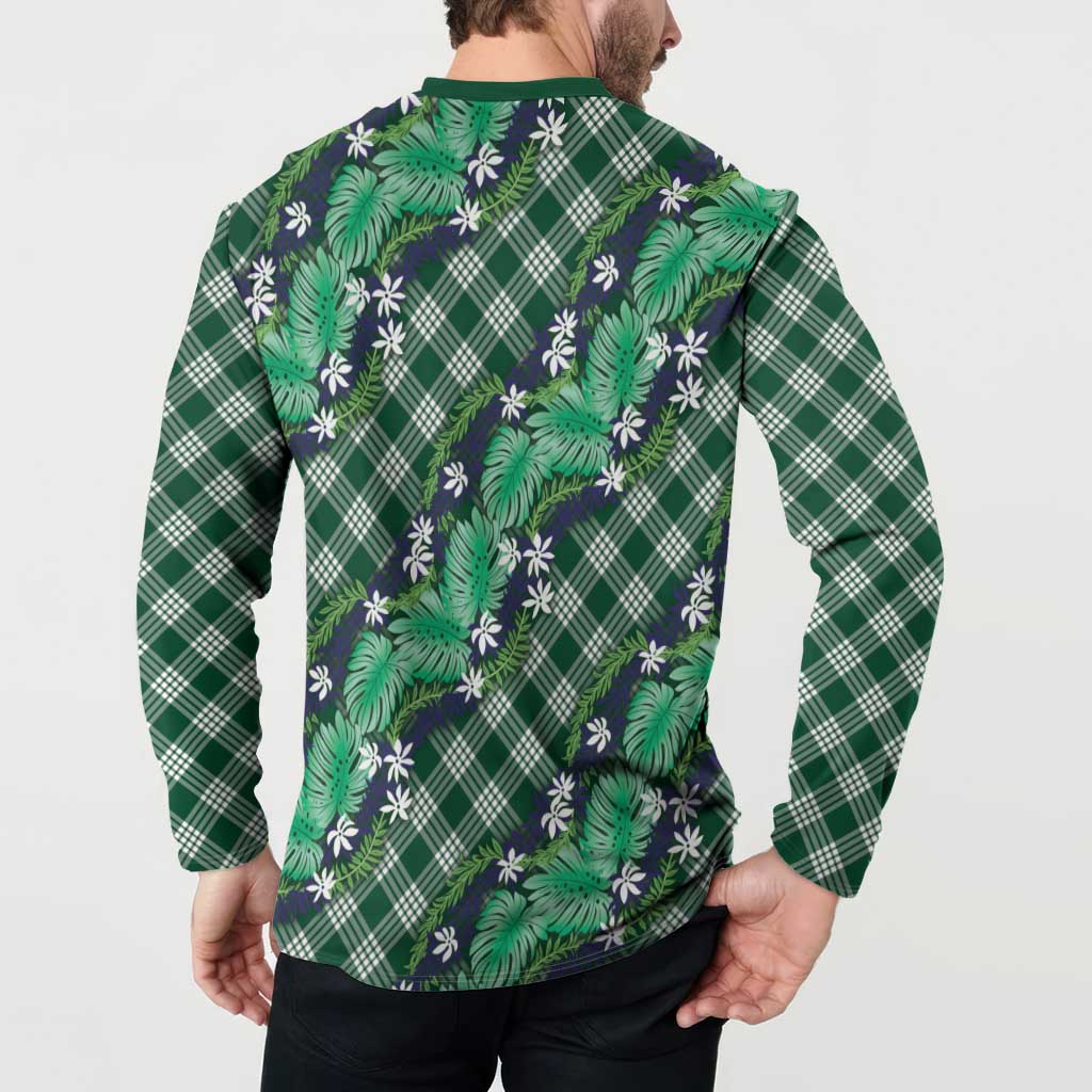 Polynesian Monstera Tiare Floral Button Sweatshirt Forest Green Tropical Plaid - Polynesian Pride