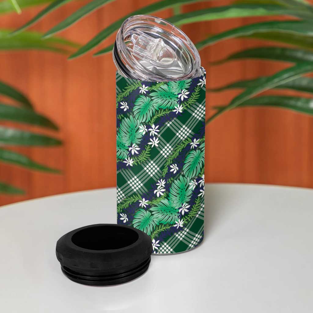 Polynesian Monstera Tiare Floral 4 in 1 Can Cooler Tumbler Forest Green Tropical Plaid - Polynesian Pride