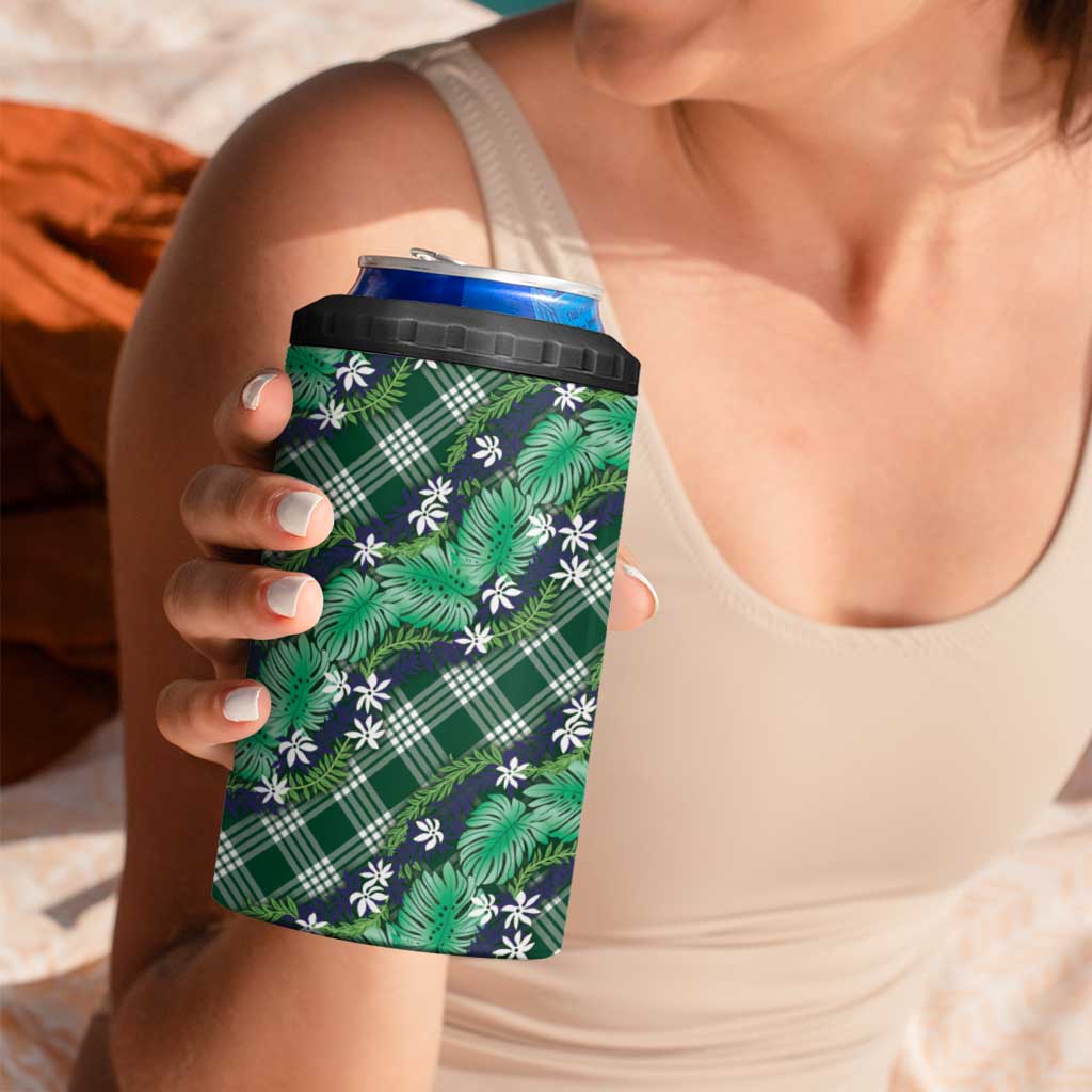 Polynesian Monstera Tiare Floral 4 in 1 Can Cooler Tumbler Forest Green Tropical Plaid - Polynesian Pride