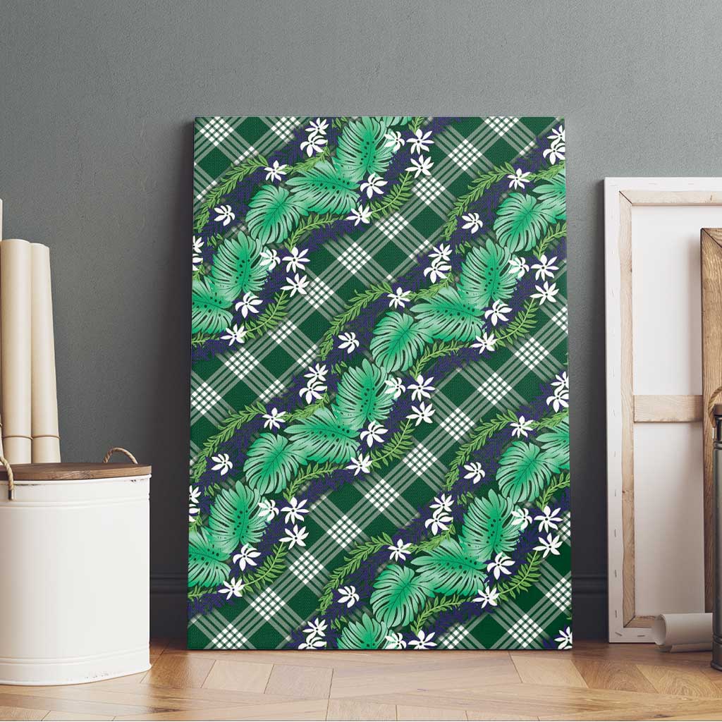 Polynesian Monstera Tiare Floral Canvas Wall Art Forest Green Tropical Plaid - Polynesian Pride