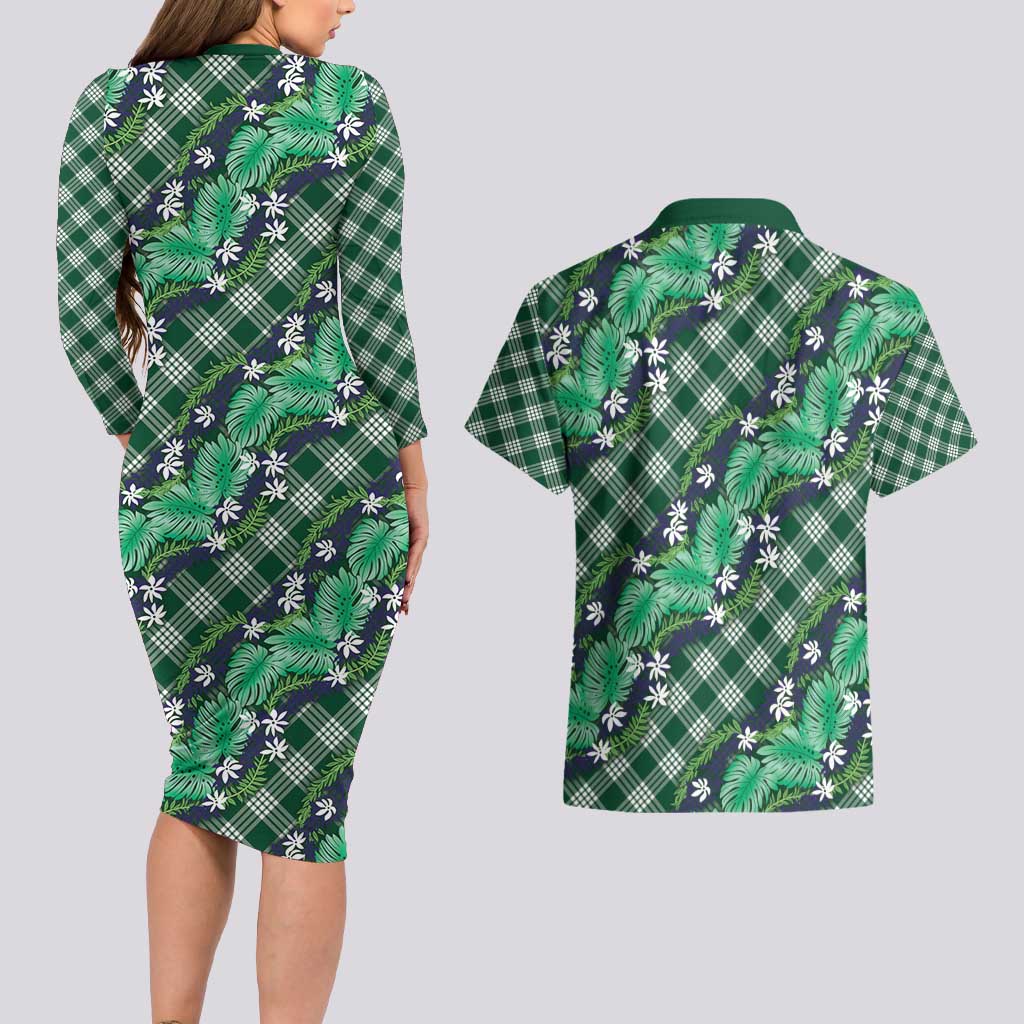Polynesian Monstera Tiare Floral Couples Matching Long Sleeve Bodycon Dress and Hawaiian Shirt Forest Green Tropical Plaid - Polynesian Pride