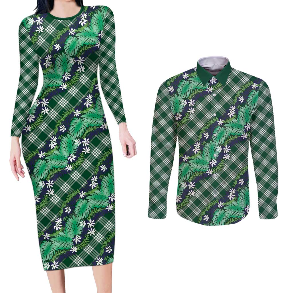 Polynesian Monstera Tiare Floral Couples Matching Long Sleeve Bodycon Dress and Long Sleeve Button Shirt Forest Green Tropical Plaid - Polynesian Pride