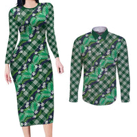 Polynesian Monstera Tiare Floral Couples Matching Long Sleeve Bodycon Dress and Long Sleeve Button Shirt Forest Green Tropical Plaid - Polynesian Pride
