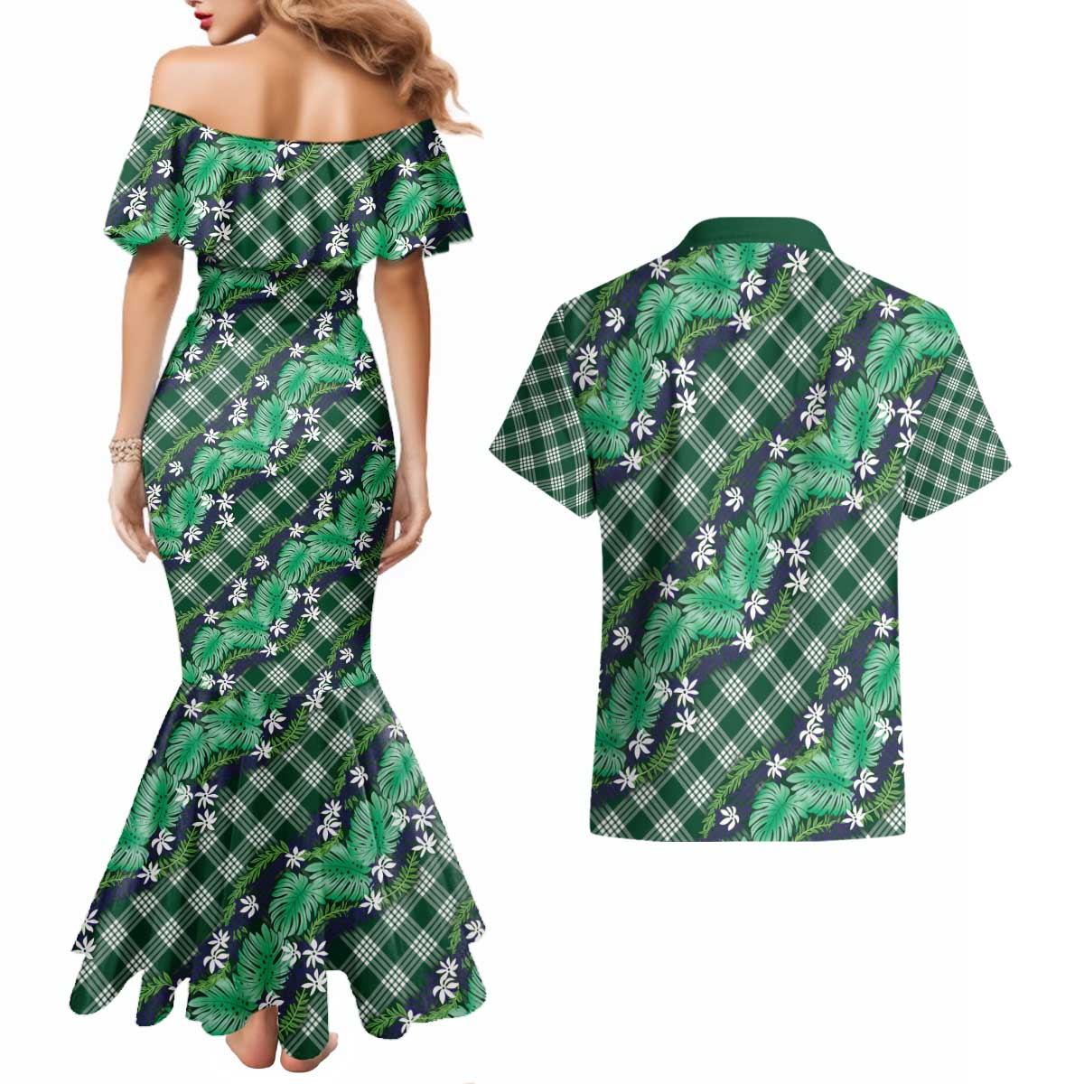 Polynesian Monstera Tiare Floral Couples Matching Mermaid Dress and Hawaiian Shirt Forest Green Tropical Plaid - Polynesian Pride