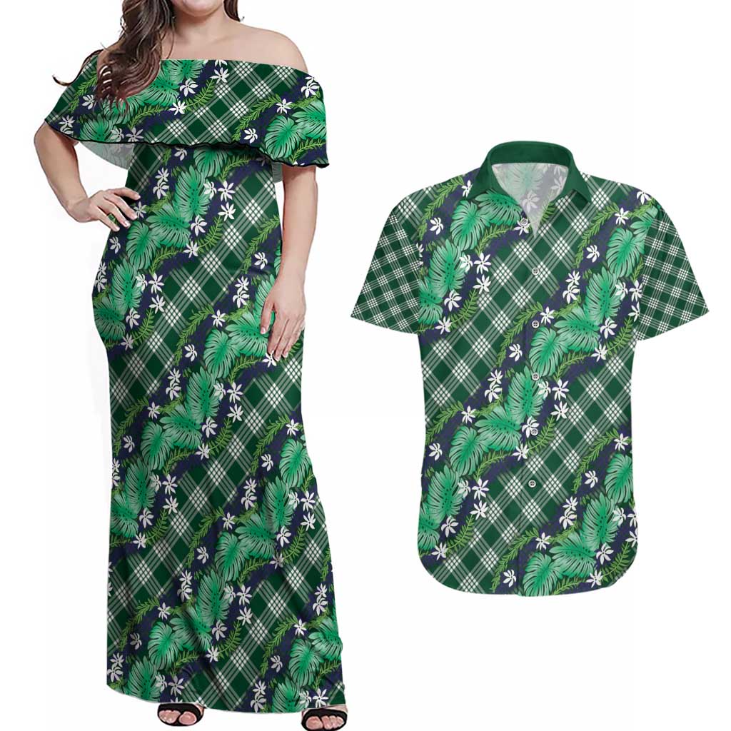 Polynesian Monstera Tiare Floral Couples Matching Off Shoulder Maxi Dress and Hawaiian Shirt Forest Green Tropical Plaid LT01 Green - Polynesian Pride