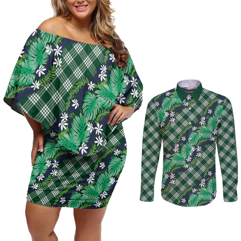 Polynesian Monstera Tiare Floral Couples Matching Off Shoulder Short Dress and Long Sleeve Button Shirt Forest Green Tropical Plaid LT01 Green - Polynesian Pride