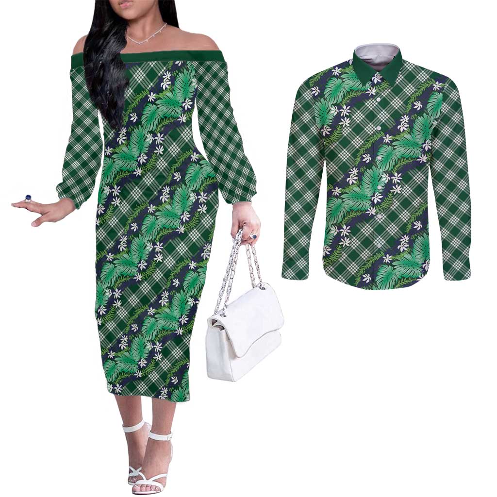 Polynesian Monstera Tiare Floral Couples Matching Off The Shoulder Long Sleeve Dress and Long Sleeve Button Shirt Forest Green Tropical Plaid LT01 Green - Polynesian Pride