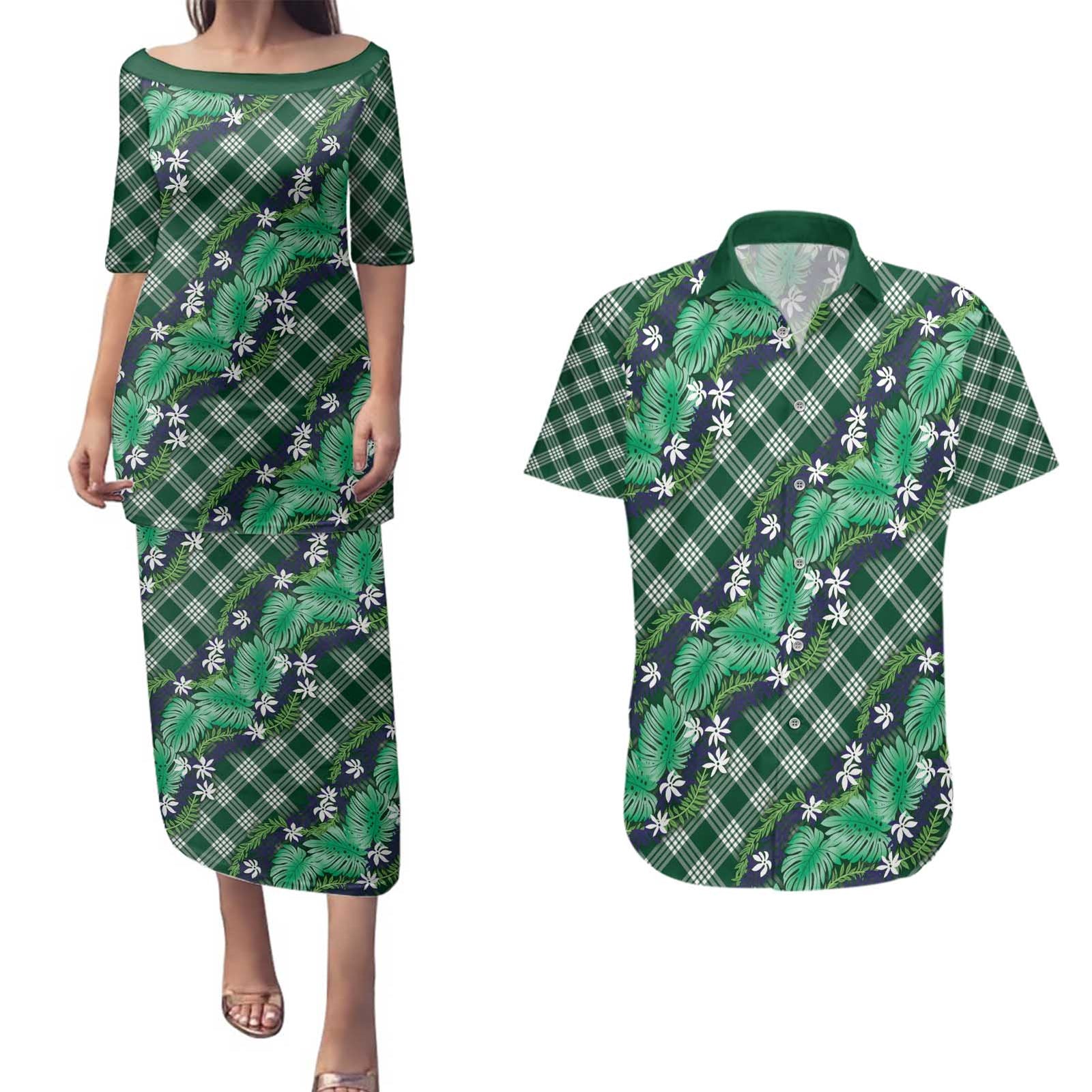 Polynesian Monstera Tiare Floral Couples Matching Puletasi and Hawaiian Shirt Forest Green Tropical Plaid LT01 Green - Polynesian Pride