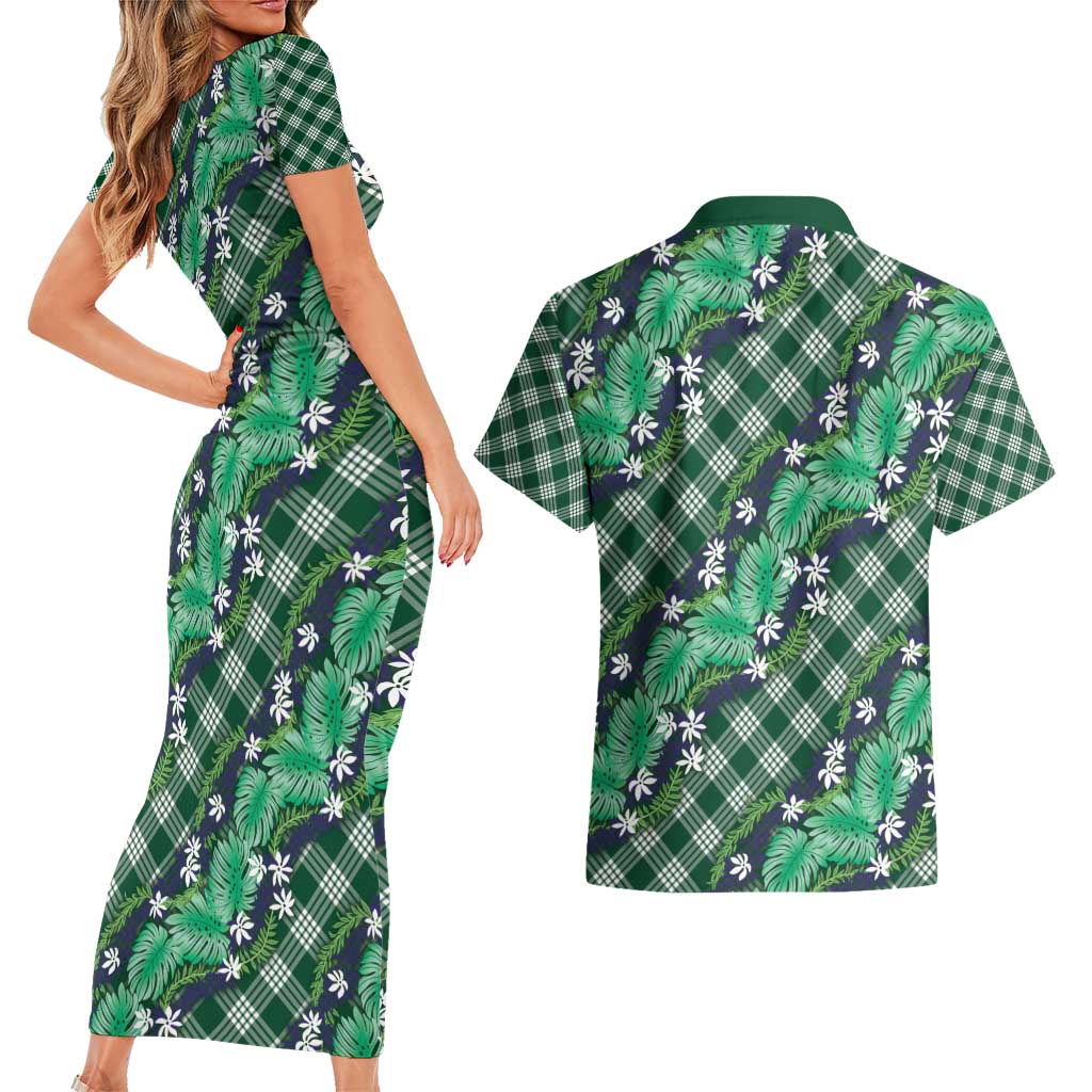 Polynesian Monstera Tiare Floral Couples Matching Short Sleeve Bodycon Dress and Hawaiian Shirt Forest Green Tropical Plaid - Polynesian Pride