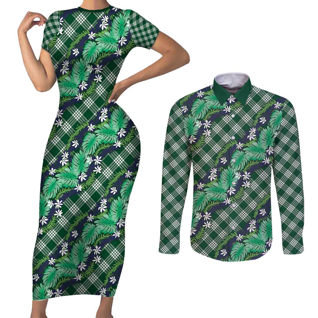 Polynesian Monstera Tiare Floral Couples Matching Short Sleeve Bodycon Dress and Long Sleeve Button Shirt Forest Green Tropical Plaid - Polynesian Pride