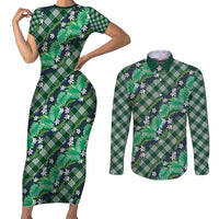 Polynesian Monstera Tiare Floral Couples Matching Short Sleeve Bodycon Dress and Long Sleeve Button Shirt Forest Green Tropical Plaid - Polynesian Pride