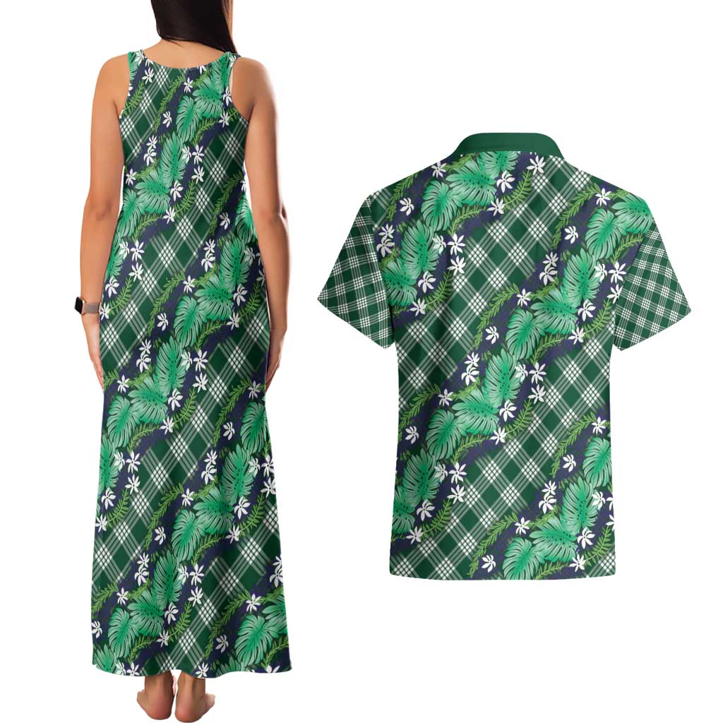 Polynesian Monstera Tiare Floral Couples Matching Tank Maxi Dress and Hawaiian Shirt Forest Green Tropical Plaid - Polynesian Pride